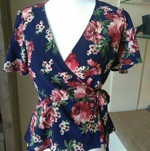 Floral print wrap shirt, side ties, size small